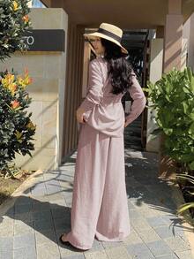 DAZY Elegant Asymmetric Blouse Top And Wide Leg Pants Women 2 Pieces Set Lounge Sets For Women - Purple - View 4