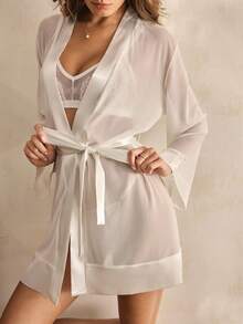 Charlaine Elegant Sexy Romantic Delicate Semi-Sheer Faux Silk Women Robe - White - View 4
