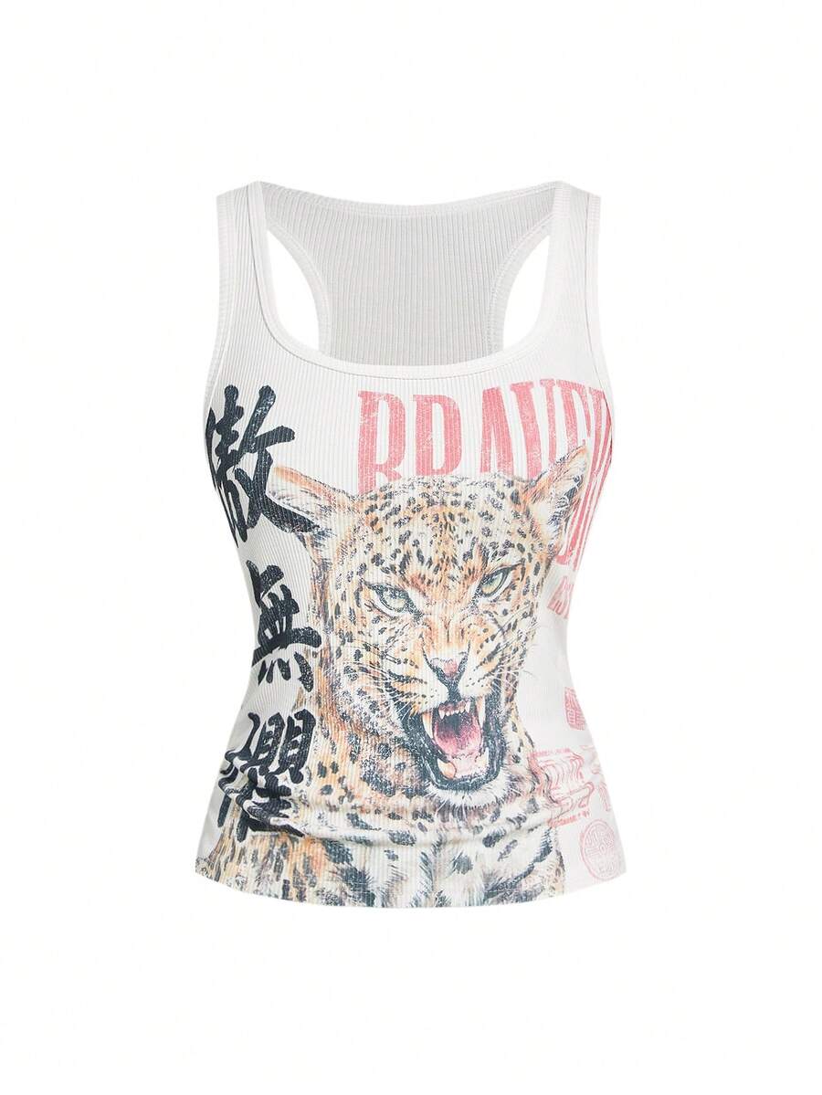 ROMWE Avant Áo tank top nữ kiểu retro Trung Quốc mới, họa tiết da báo, in tiếng Trung và tiếng Anh, dễ phối đồ. - trắng - Xem 1