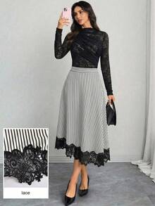 Modelyn Black & White Striped Ruffle Hem Asymmetric Hem Versatile Draping Women's Elegant Skirt - Black and White - View 8