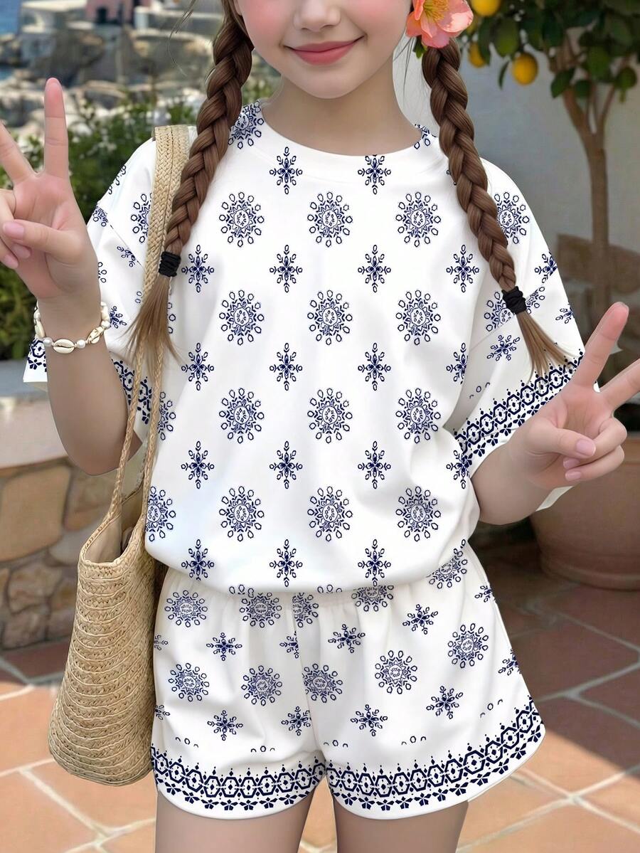 两件套,少女休闲碎花短袖T恤短裤套装,适合夏季穿着 - 彩色 - 查看 1