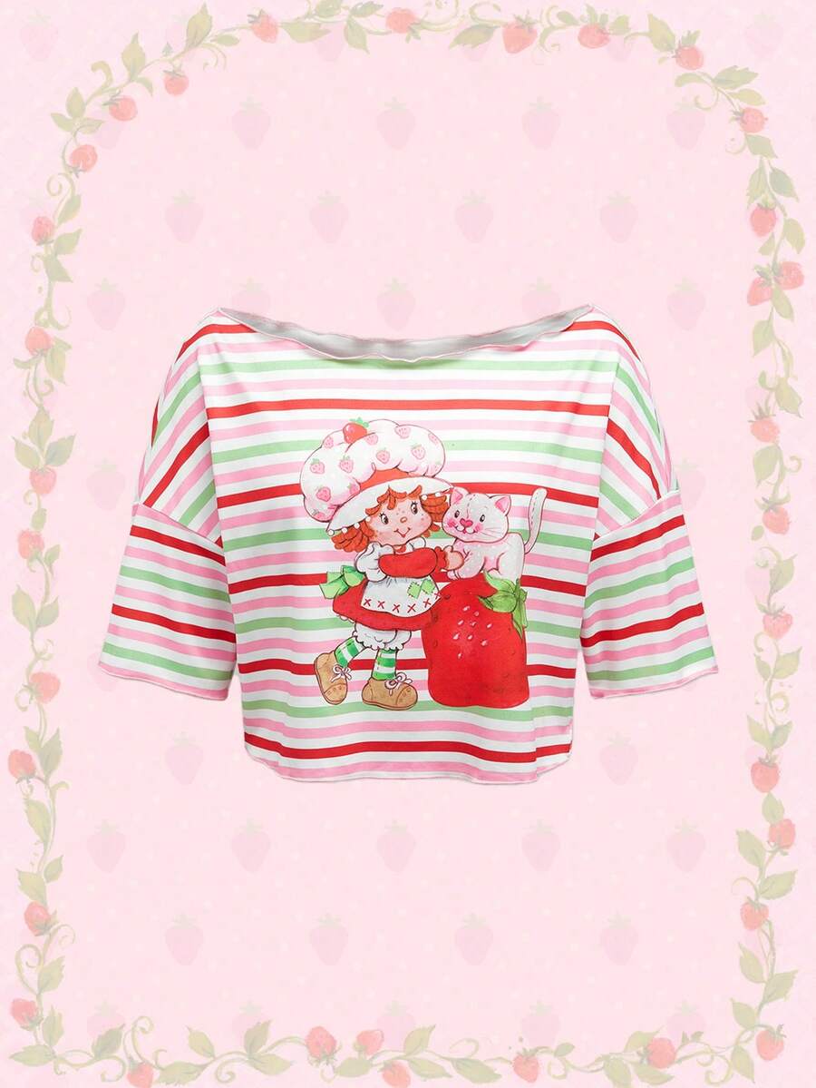 Strawberry Shortcake | ROMWE Áo thun cổ thuyền rộng rãi in họa tiết sọc dâu tây và nhân vật hoạt hình thường ngày cho nữ, mùa hè - Nhiều màu - Xem 1