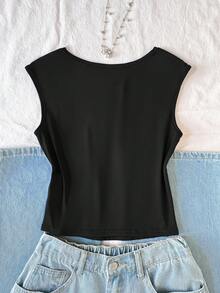 SHEIN Top scurt negru tricotat, casual minimalist, cu mărgele 3D, brodat cu paiete, cu fundă, asimetric, încrețit, potrivit pentru primăvară/vară, casual, stil personalizat, purtare zilnică - Negru - Vizualizare 2