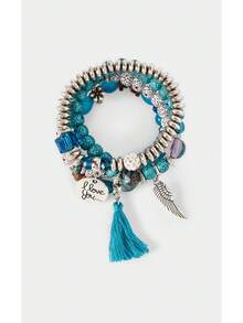 4pcs/Set Wing Tassels Beaded Layered Bracelet Set - Navy Blue - View 4