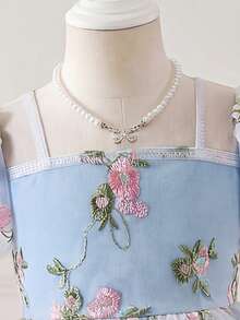 SHEIN Đầm công chúa tay phồng bằng vải lưới họa tiết hoa màu hồng thanh lịch cho bé gái sơ sinh/trẻ nhỏ 0-3 tuổi, thích hợp cho mùa xuân/hè. - Nhiều màu - Xem 3