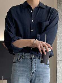 DAZY 男士纯色口袋贴片纽扣衬衫，秋季长袖男士衬衫 - 藏蓝色 - 查看 5
