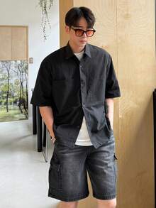 DAZY Áo sơ mi nam tay ngắn cài nút phía trước màu trơn, cổ bẻ cho trang phục công sở mùa hè - màu đen - Xem 9