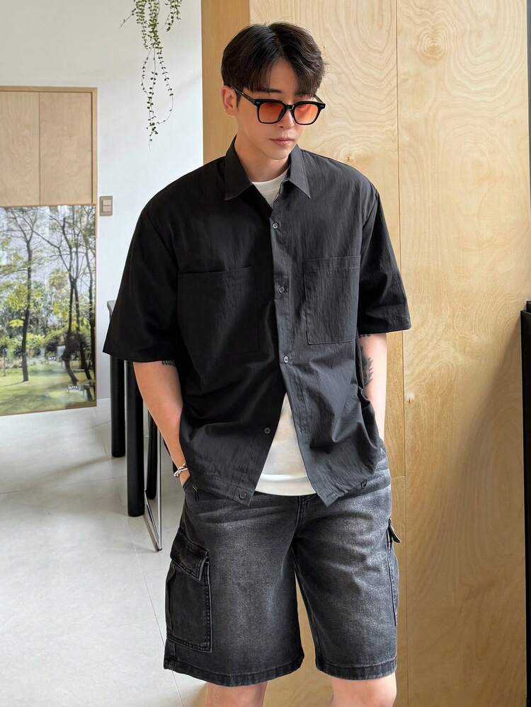 Men Solid Color Front Button Short Sleeve Shirt With Turn-Down Collar For Summer Business Attire