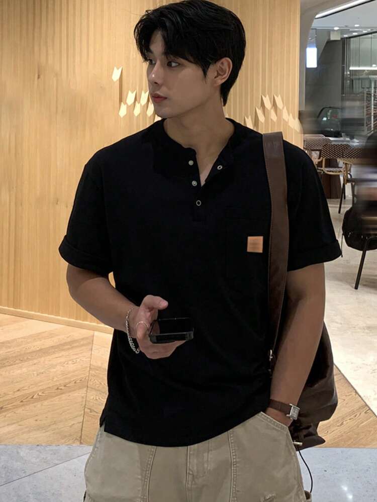 Men's Casual Black T-Shirt With Label, Summer