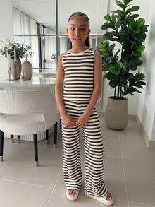 SHEIN 2pcs/Set Tween Girls Brown And White And Loose Tank Top + Wide Leg Pants,Summer Casual Modest Outfit For Graduation,Vacation,Back To SchoolDaily Wear - Brown - View 4