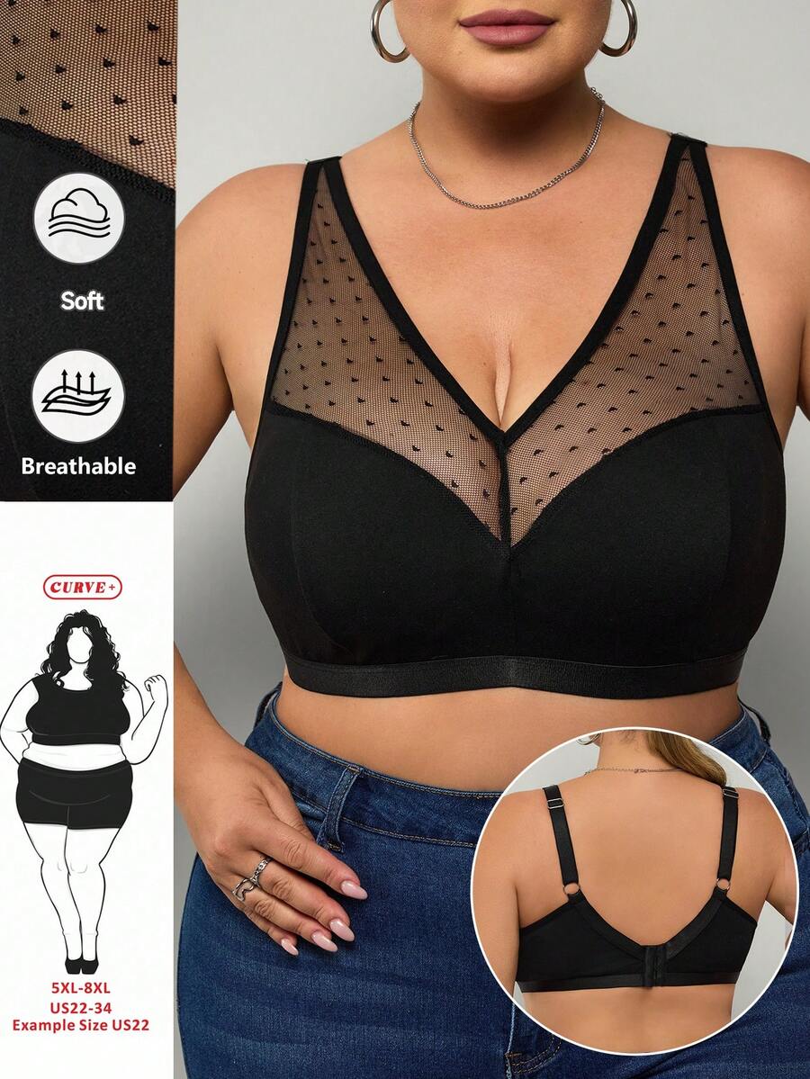 SHEIN CURVE+ Plus-Size Solid-Color Mesh-Lined Underwireless Curved Bra For Summer/Country/Beach Vacation Wear/Beach Wear/Beach Attire - Black - View 1