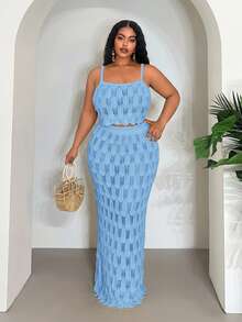 Veslaya Ensemble 2025 nouveau top court sans manches évidé sexy/vacances/élégant et jupe maxi moulante - Bleu ciel - Voir 4