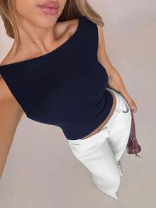 SHEIN SXY 女士性感露背系带修身短款背心，度假风 - 藏蓝色 - 查看 2