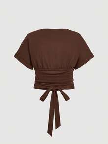 SHEIN MOD Plus Size Vintage Pleated Decor Criss-Cross Back Tie Neck T-Shirt - Brown - View 2