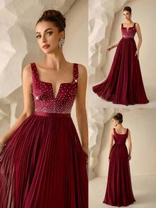 Coutiva Women's Formal Long Evening Gown With Rhinestone Embellished Bodice And Pleated Chiffon Skirt (Embellished Version) Women's Sequin Mermaid Formal Evening Gown One Shoulder Formal Dress Purple Women Evening Dress Gowns Glamorous Dress Dress Elegant Gala Dress Elegant Valentines Dress Elegant Dress Sequin Dress Pink Red Dress Floral Dress Valentines Dress Elegant Dress Sequin Dress Floral Dress Luxury Graduation Ceremony, School Opening, Music Festival, Birthday Party, Wedding, Afternoon Tea Gathering, Ball - Burgundy - View 4