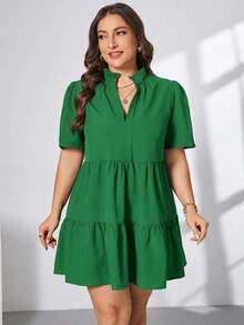 SHEIN Essnce Plus Size Women's Summer Elegant Sage Green V-Neck Short Sleeve Dress,Smart Casual Vacation Outfits,Old Money Style Church Office Work Brunch Dress - Fresh Green - View 3