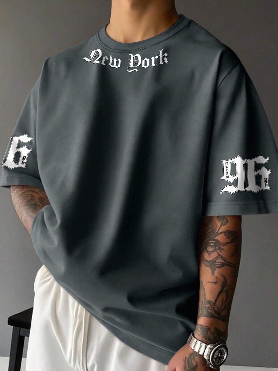 Manfinity EMRG Men's Casual Letter Print Short Sleeve T-Shirt - Grey - View 1
