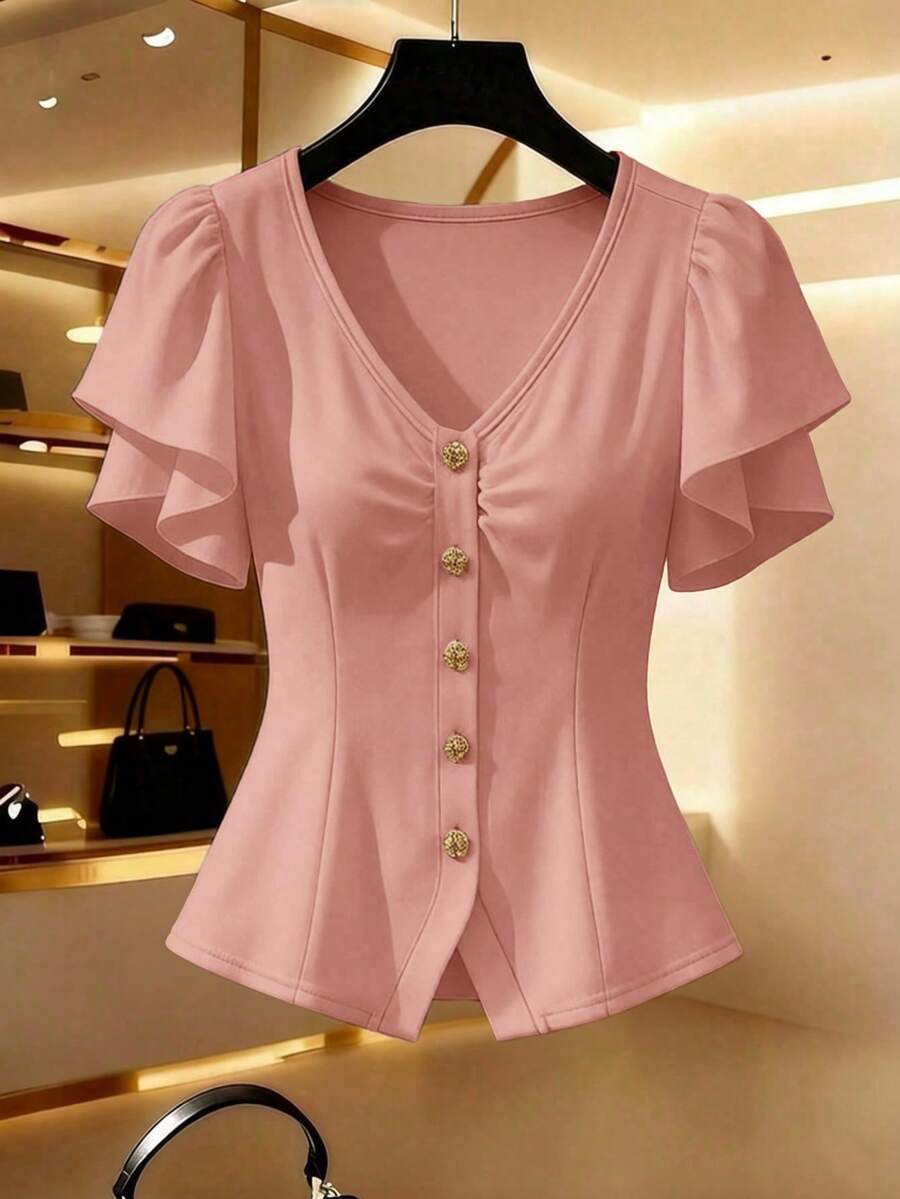 GlowEve Blusa elegante de unicolor albaricoque con cuello en V, diseño de cintura recogida y línea A, adecuada para ocasiones formales, reuniones, trabajo, escuela, viajes, festivales, primavera/verano - Rosa - Ver 1