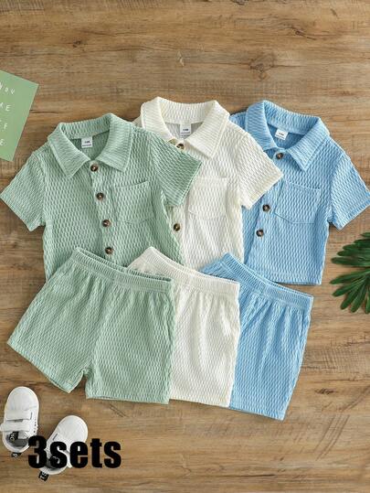 SHEIN Vintaside Kids Bộ 6 món cho bé trai sơ sinh, áo sơ mi cổ bẻ và quần short bằng vải mềm mại, thoải mái, nhiều màu sắc, thích hợp cho mùa hè.
