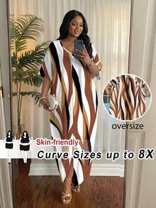 SHEIN CURVE+ 春夏大码女装休闲优雅波西米亚风黑色编织V领直筒连衣裙卡夫坦长裙大码连衣裙复活节连衣裙女士春季套装，曲线加大码，Hoho Vacation，女士太阳裙，女士沙滩装/沙滩裙/沙滩度假装/沙滩必备/毕业/下午茶派对连衣裙夏季/乡村/沙滩度假装/沙滩装/沙滩服饰 - 彩色 - 查看 2