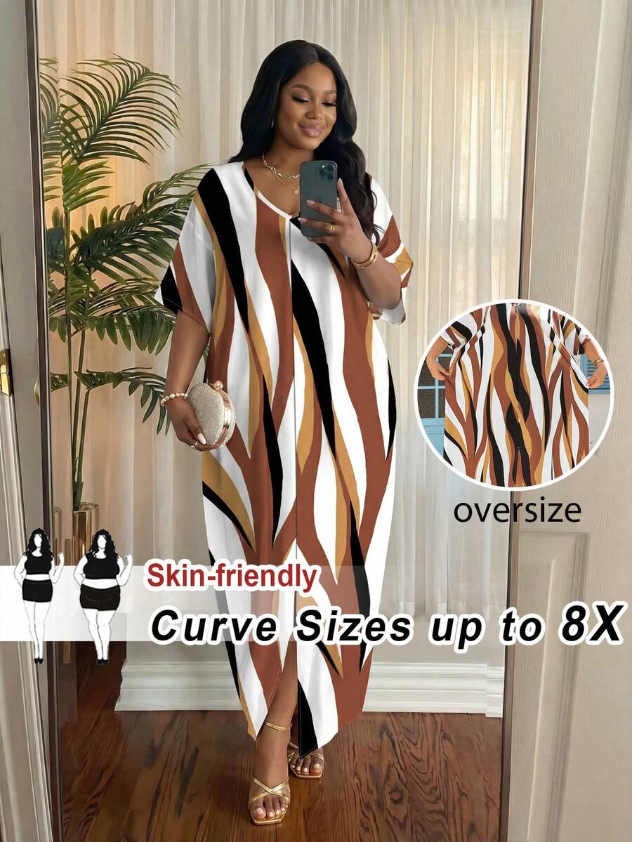 SHEIN CURVE+ 春夏大码女装休闲优雅波西米亚风黑色编织V领直筒连衣裙卡夫坦长裙大码连衣裙复活节连衣裙女士春季套装，曲线加大码，Hoho Vacation，女士太阳裙，女士沙滩装/沙滩裙/沙滩度假装/沙滩必备/毕业/下午茶派对连衣裙夏季/乡村/沙滩度假装/沙滩装/沙滩服饰