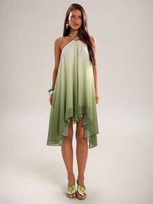 SHEIN BAE Đầm nữ không tay cổ yếm vạt lệch gấu - màu xanh lá - Xem 3