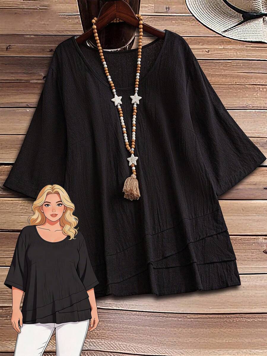 Rusticease Plus Size Asymmetric Hem Black Country Shirts Fall Clothes - Black - View 1