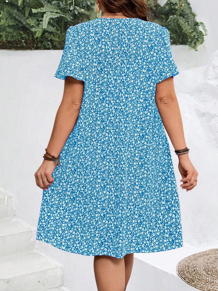 Plus Size Women's Summer Ditsy Floral Ruffle Sleeve Holiday Dress