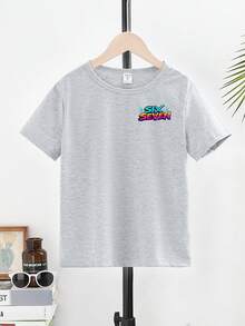 SHEIN Streecool Kids 春夏休闲时尚创意个性清新简约数字67卡通闪电标语印花舒适基础款短袖T恤，温暖的夏秋款式，适合春、夏、秋季穿着，男童款 - 灰色 - 查看 2