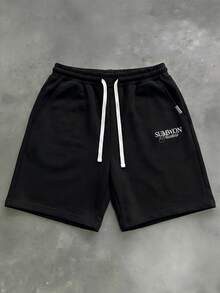 SUMWON Studios 抽绳腰带休闲短裤，饰有品牌标志印花，夏季日常穿着，舒适及膝，宽松版型 - 黑色 - 查看 4