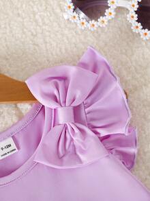 SHEIN Playful Pals 2件套女婴0-3岁春夏优雅休闲度假日常套装，蝴蝶结荷叶袖上衣+收腰印花短裤 - 橘色 - 查看 4