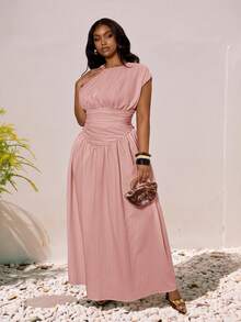 Veslaya 2026春夏大码女装音乐节、复活节、西部风情、游牧风、生日派对、毕业典礼、学校、教堂、日常穿着、休闲、度假、邮轮、海滩、日光浴、街头风、婚礼宾客、通勤、早午餐、机场、派对、假日郊游、优雅宴会、舞会、休闲、高端优雅纯白色纹理V领褶皱荷叶边连衣裙 - 粉色 - 查看 9