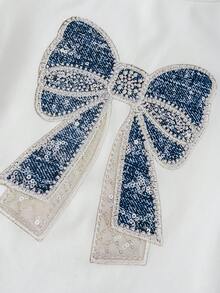 2pcs Set Pakaian Anak Perempuan Modis: Kaos Motif Kupu-kupu Berhiaskan Berlian Imitasi dan Celana Panjang Model Flare Denim Imitasi, Desain Pita 3D, Pakaian Sekolah Musim Semi/Panas - Biru - View 4