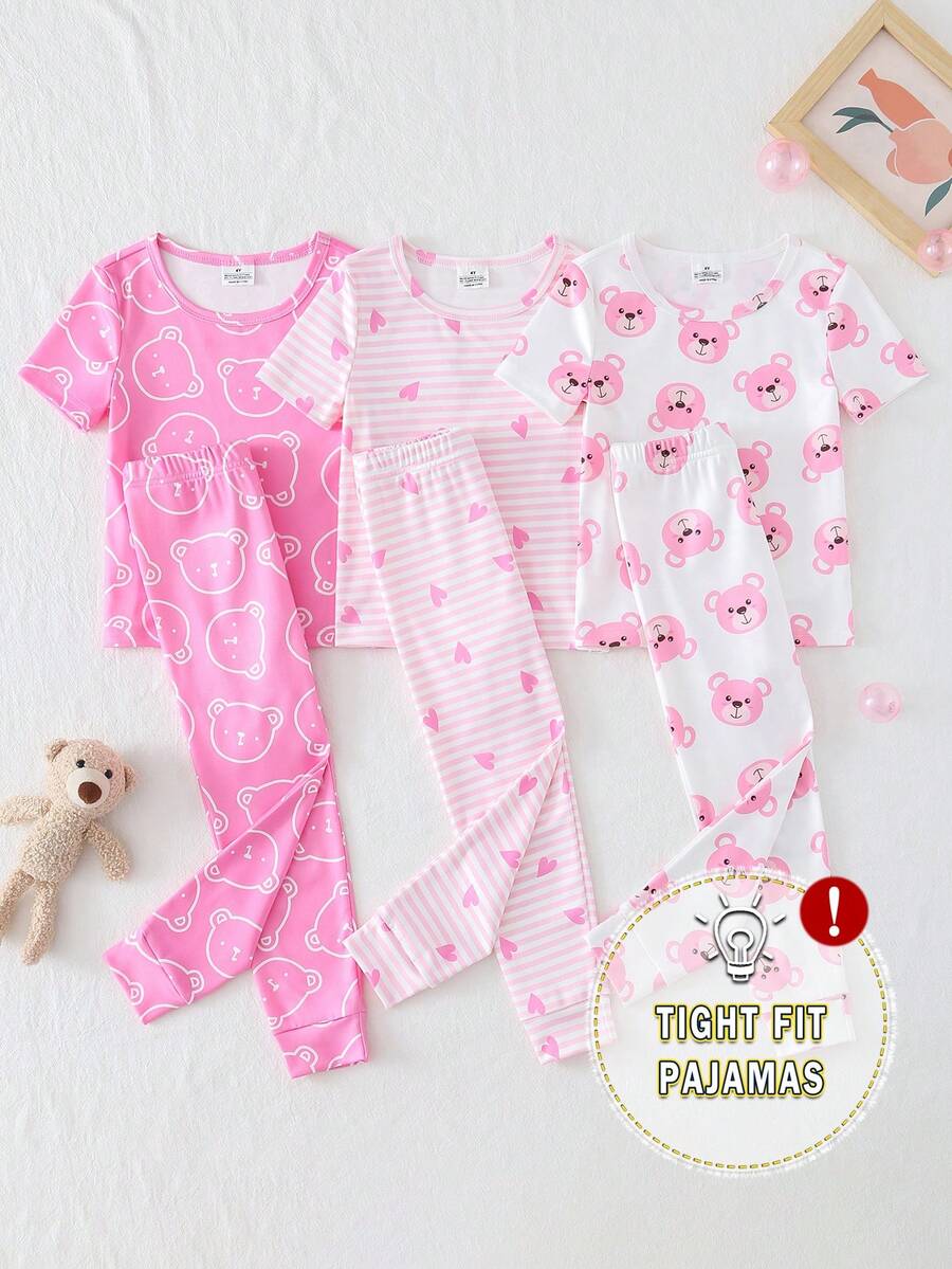 Genkimix Kids Bộ đồ ngủ 6 món ôm sát cho bé gái, màu hồng và trắng, với họa tiết gấu hoạt hình, sọc và trái tim trên chất liệu vải dệt kim mềm mại, co giãn, lý tưởng cho trang phục mặc nhà mùa hè nhẹ nhàng và thoải mái hàng ngày. - Nhiều màu - Xem 1