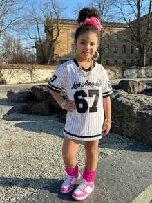 SHEIN Đầm ngắn tay kẻ sọc và in họa tiết thường ngày cho bé gái - Đen và trắng - Xem 5