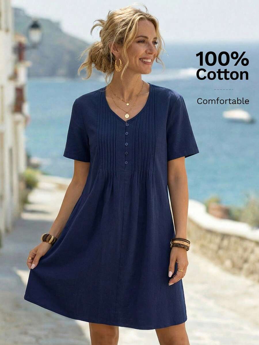 EMERY ROSE Đầm ngắn tay ngắn cổ chữ V xếp ly, màu trơn, đơn giản, thích hợp mặc hàng ngày đi làm, dành cho nữ. - Màu xanh lam - Xem 1