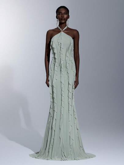 Elitara Elegant Green High-Stretch Knit Mesh Metal Decor Tie Neck Multilayer Ruffle Jellyfish Tail Decor, Suitable For Dates, Vacations, Beaches, Singles Parties, Weddings, Graduations, Women's Evening Gowns
