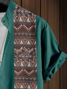 Manfinity Homme Men's Geometric Pattern Short Sleeve Button-Up Casual Shirt - Dark Green - View 3