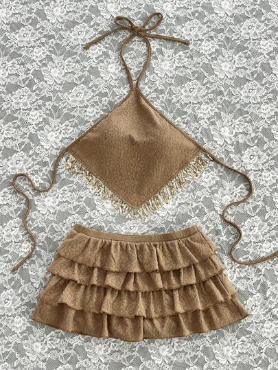 Elamini 女士纯色露背吊带流苏装饰夏季荷叶边下摆两件套