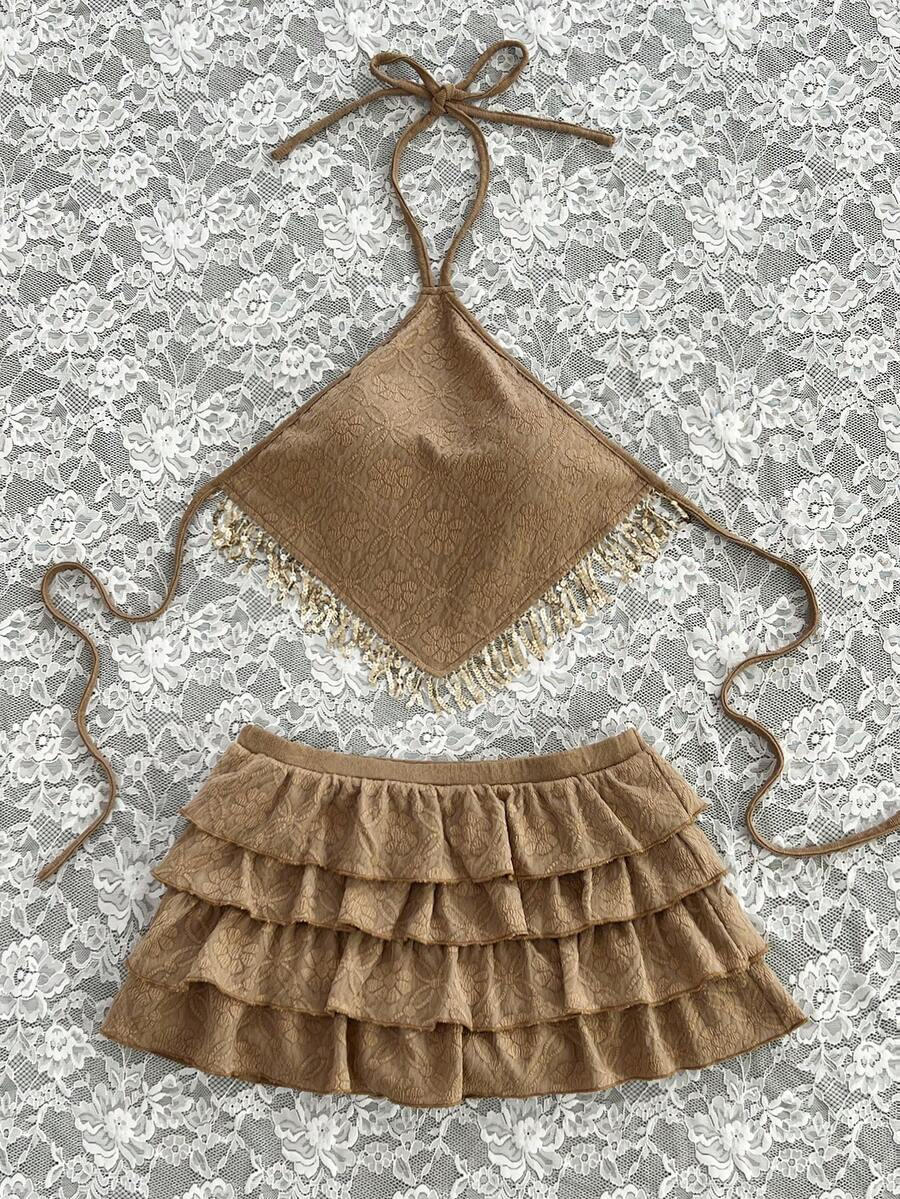 SHEIN Unity 女款純色掛脖細肩帶流蘇裝飾夏季荷葉邊下擺兩件式套裝 高爾夫馬卡龍色性感風 - 卡其色 - 查看 1