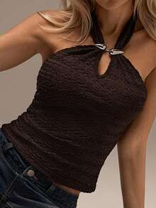 SHEIN Forever 21 Top halter para vacaciones en la playa, ferias del Renacimiento, conciertos country, graduación, salidas, festivales de música, aeropuerto, Pascua, estilo bohemio para mujeres - Café integral - Ver 4