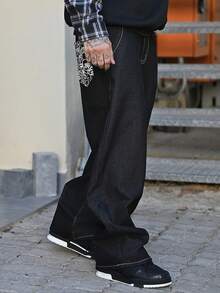 Devon Thys 男士字母印花口袋宽松阔腿休闲牛仔裤 - 黑色 - 查看 4