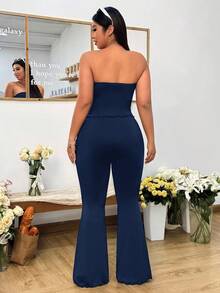 Solflare 2pcs Plus Size Navy Blue Cropped Top And Flare Jeans Set, Spring/Summer - Navy Blue - View 2