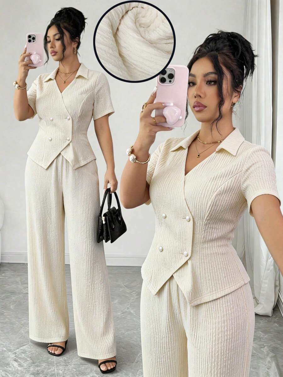 Modelyn 大码女装两件套，休闲日常工作服，简约纯色纹理面料双排扣开衫上衣搭配阔腿裤，春夏秋季皆宜 - 杏色 - 查看 1