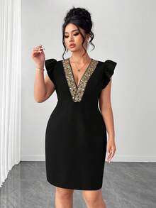 Elenzga Plus Size Women Elegant Commuter Gold Line Lace Waist Dress - Black - View 1