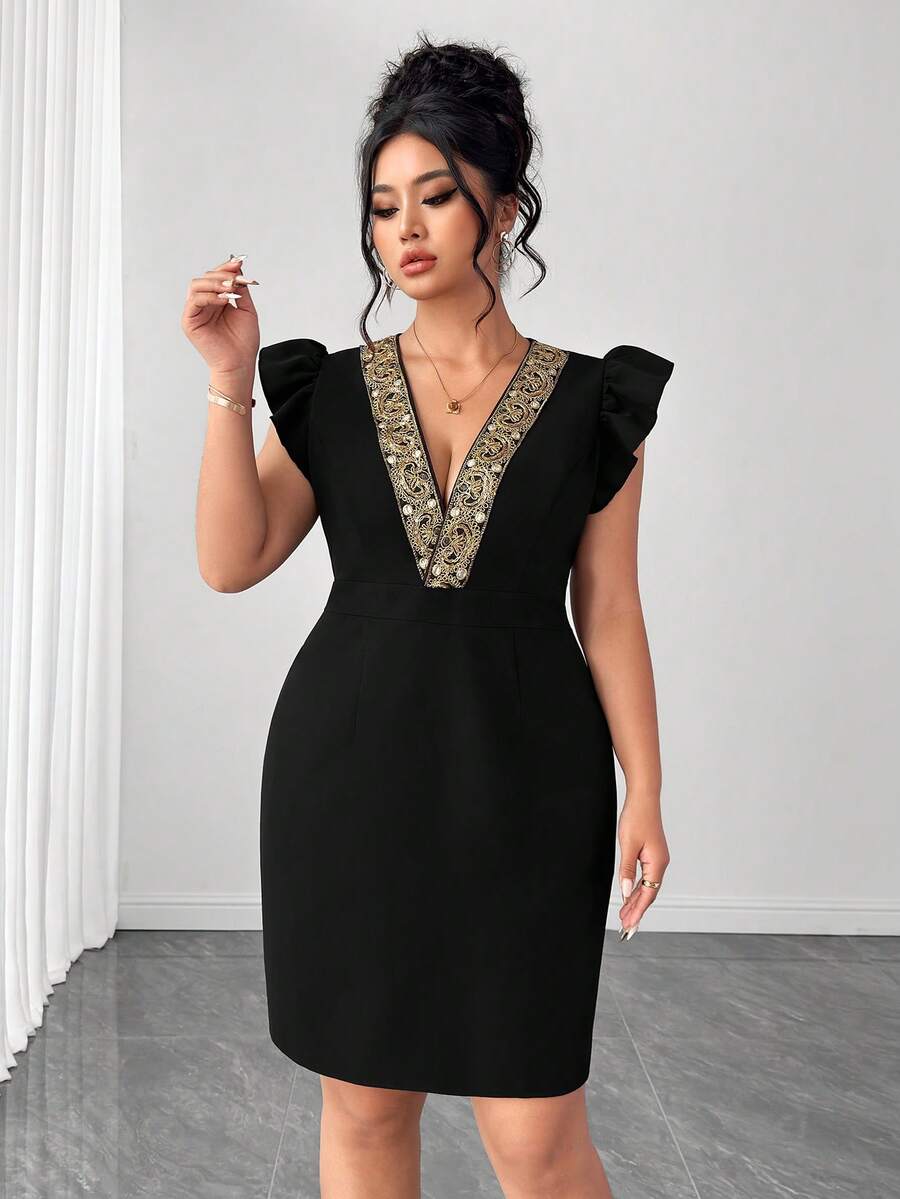 Elenzga Plus Size Women Elegant Commuter Gold Line Lace Waist Dress - Black - View 1