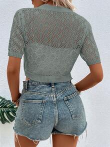 SHEIN LUNE Women's Casual Pointelle Knit Single Breasted Lightweight Cardigan - Grey - View 2