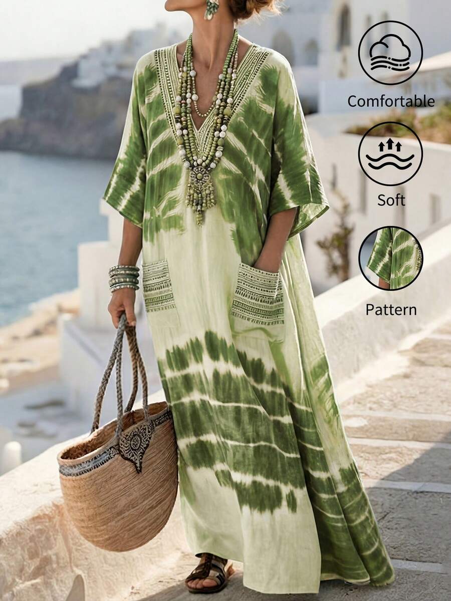 Breezaya 夏季波西米亚风度假沙滩扎染印花V领宽松休闲连衣裙,带大口袋,女款 - 綠色 - 查看 1