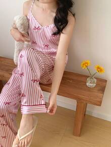 Teen Girls Sweet Bow Striped Shiny Camisole Pajama Set - Pink - View 5