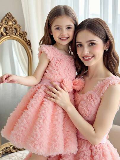 SHEIN Glamorique Kids Young Girl' Princess Dress, Flower Girl, Pink 3D Floral Mesh Dress, Bow Decor, Sleeveless, Birthday Party, Wedding Event Formal Gown, Elegant, Cute Occasion Dress